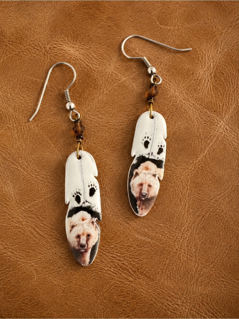 Vintage Ceramic Bear Feather Dangle Earrings Rustic Woodland Wildlife